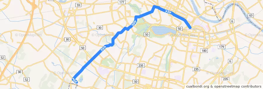 Mapa del recorrido 茨城交通バス38系統 市立競技場⇒(特急)⇒水戸駅 de la línea  en Mito.