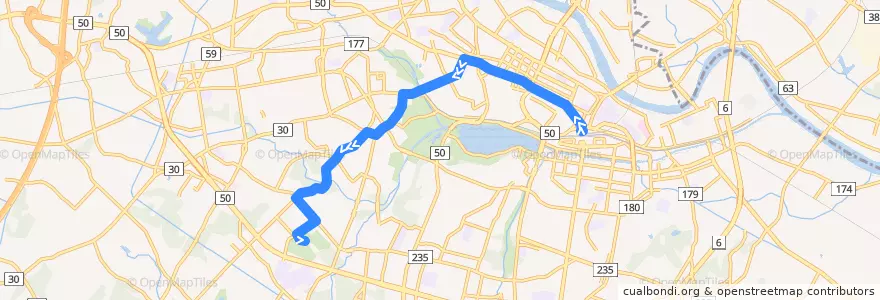 Mapa del recorrido 茨城交通バス30系統 水戸駅⇒清水⇒市民球場・総合運動公園 de la línea  en Mito.