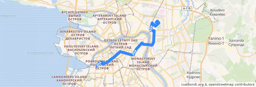 Mapa del recorrido Автобус № 181: площадь Репина => улица Маршала Тухачевского de la línea  en Санкт-Петербург.