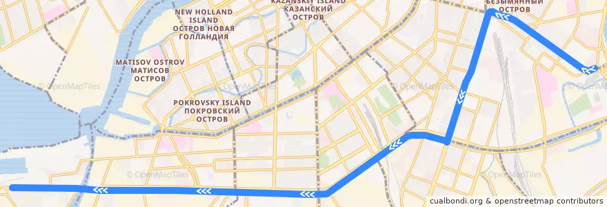 Mapa del recorrido Автобус № 65: площадь Александра Невского => Двинская улица de la línea  en Санкт-Петербург.