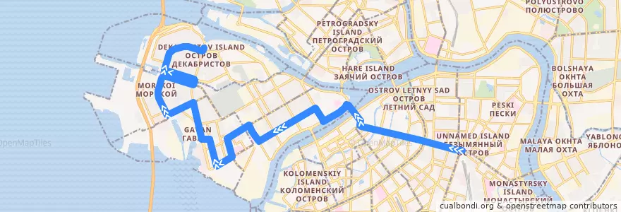Mapa del recorrido Автобус № 7: станция метро «Площадь Восстания» => улица Кораблестроителей de la línea  en Санкт-Петербург.