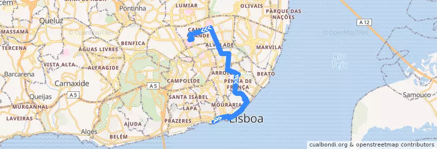 Mapa del recorrido Bus 735: Cais do Sodré → Hospital de Santa Maria de la línea  en Lisbon.