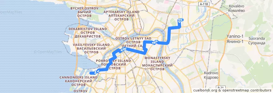 Mapa del recorrido Автобус № 22: улица Стасовой => Двинская улица de la línea  en Санкт-Петербург.