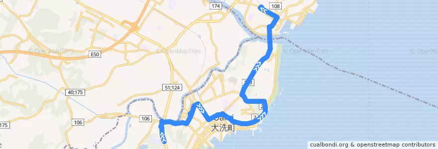 Mapa del recorrido 茨城交通バス 大洗高校⇒大洗駅⇒那珂湊駅 de la línea  en 大洗町.