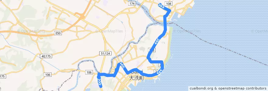 Mapa del recorrido 茨城交通バス 那珂湊駅⇒大洗駅⇒大洗高校 de la línea  en 大洗町.