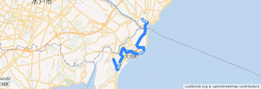 Mapa del recorrido 茨城交通バス 那珂湊駅⇒大洗駅・大貫⇒大洗高校 de la línea  en Oarai.