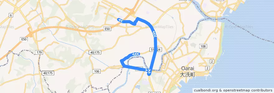 Mapa del recorrido 茨城交通バス 越堀⇒稲荷第一小学校 de la línea  en Prefettura di Ibaraki.