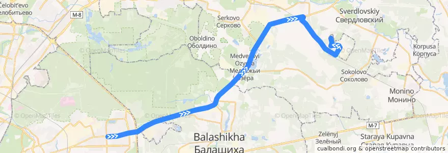Mapa del recorrido Автобус 380: Москва (метро «Щёлковская») => Звёздный городок de la línea  en Oblast Moskou.