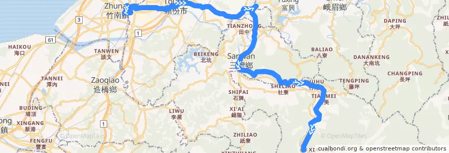 Mapa del recorrido 5805 南庄→竹南(經頭份、獅頭山) de la línea  en Contea di Miaoli.