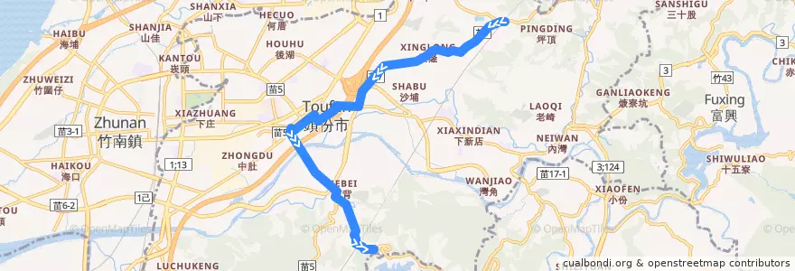 Mapa del recorrido 5812 永和山水庫→風爐缺(經頭份) de la línea  en Toufen.