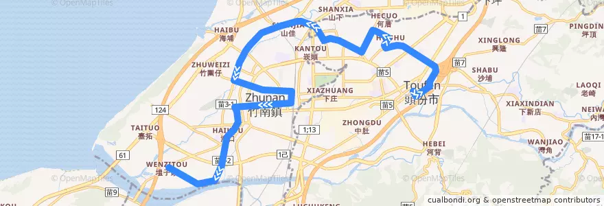 Mapa del recorrido 5813 海口里→頭份(經後庄) de la línea  en 먀오리 현.