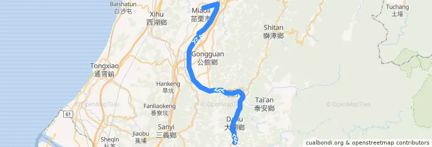 Mapa del recorrido 5656A 南湖國小→苗栗（繞駛苗栗農工） de la línea  en Contea di Miaoli.
