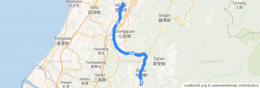 Mapa del recorrido 5656B 南湖國小→苗栗（繞駛苗栗高中） de la línea  en 먀오리 현.