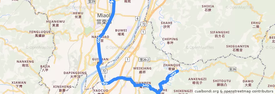 Mapa del recorrido 5659 北河活動中心→苗栗(經鶴岡) de la línea  en 苗栗縣.