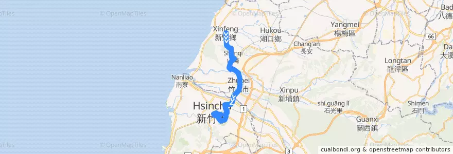 Mapa del recorrido 5606 新庄子→新竹(經新豐)[繞駛新竹高商、新竹高中] de la línea  en 臺灣省.