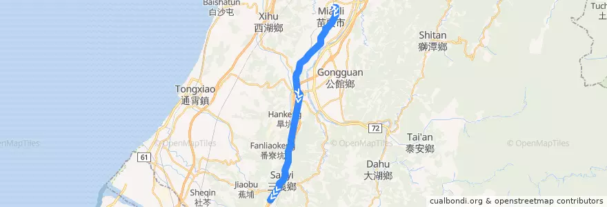 Mapa del recorrido 5664 三義→苗栗(經銅鑼) de la línea  en 苗栗縣.