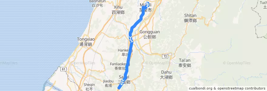Mapa del recorrido 5664B 三義→苗栗(經銅鑼)（繞駛苗栗高中） de la línea  en 苗栗縣.