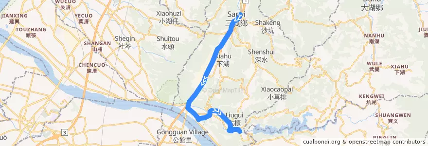 Mapa del recorrido 5665 三櫃→三義(經鯉魚口) de la línea  en 三義鄉.