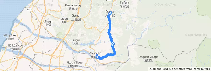 Mapa del recorrido 5663 卓蘭→大湖(經景文) de la línea  en 苗栗縣.