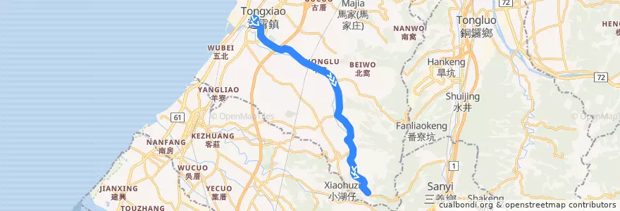 Mapa del recorrido 5820 大坑尾→通霄(經福興) de la línea  en 通霄鎮.