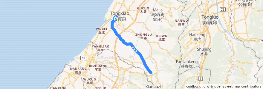 Mapa del recorrido 5821 大坪頂→通霄(經大屈) de la línea  en 通霄鎮.