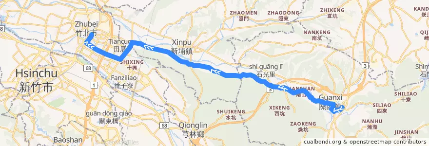 Mapa del recorrido 醫專7號 竹北→關西 de la línea  en Уезд Синьчжу.
