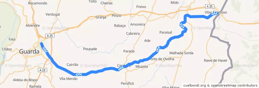 Mapa del recorrido Comboio Regional: Vilar Formoso → Guarda de la línea  en Beira Interior Norte.