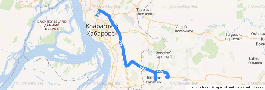 Mapa del recorrido Автобус 104: Автовокзал - посёлок Ракитное de la línea  en Khabarovsk Krai.