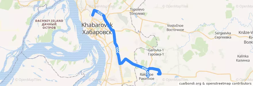 Mapa del recorrido Автобус 104: посёлок Ракитное - Автовокзал de la línea  en Krai de Khabarovsk.