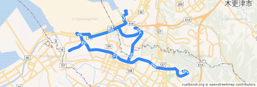 Mapa del recorrido 君津市内循環線（B廻り、水道山下経由） de la línea  en 千葉県.