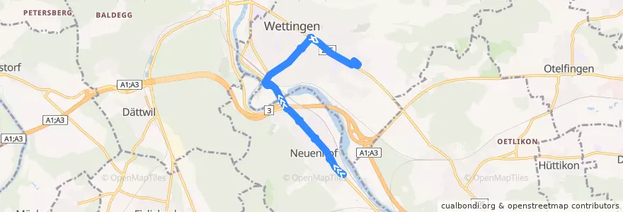 Mapa del recorrido Bus 8: Neuenhof, Kirchfeld => Wettingen, Bushof de la línea  en Wettingen.