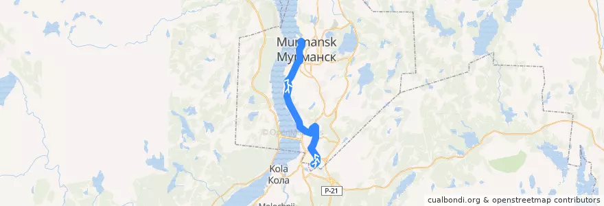 Mapa del recorrido Автобус 19: ул. Крупской - Морской вокзал de la línea  en Murmansk.