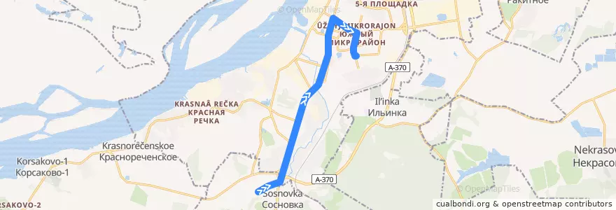 Mapa del recorrido Автобус 100: поселок Геологов - Индустриальный посёлок de la línea  en ハバロフスク地区.