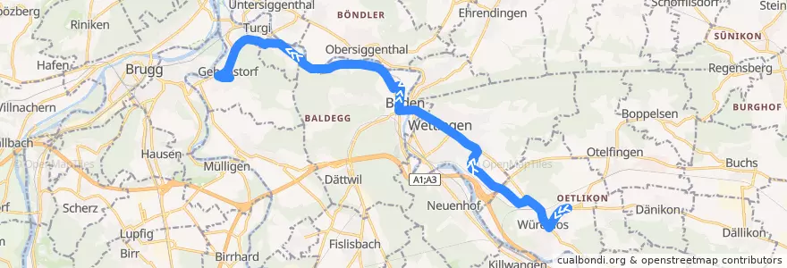 Mapa del recorrido Bus 1: Würenlos => Gebenstorf de la línea  en Bezirk Baden.
