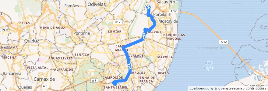 Mapa del recorrido Bus 783: Prior Velho → Amoreiras (Centro Comercial) de la línea  en Lisboa.
