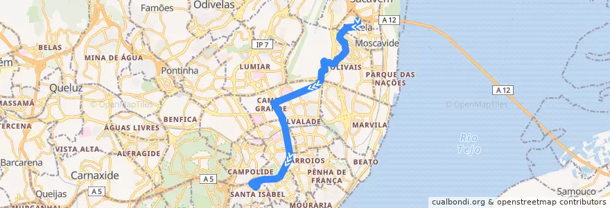 Mapa del recorrido Bus 783: Portela - Rua Mouzinho de Albuquerque → Amoreiras (Centro Comercial) de la línea  en 里斯本.