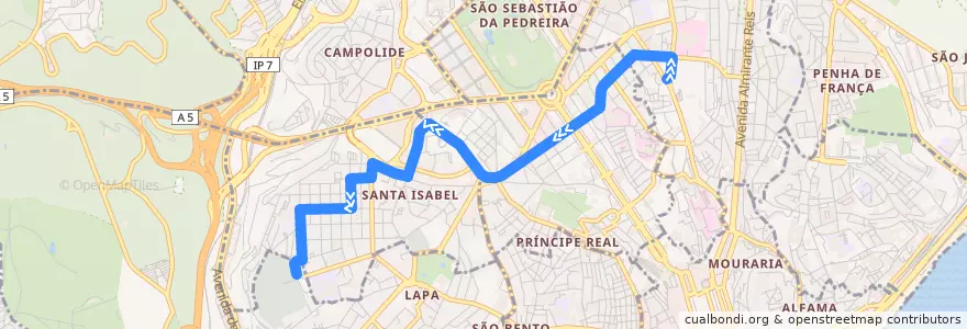 Mapa del recorrido Bus 774: Gomes Freire → Campo de Ourique (Prazeres) de la línea  en Лиссабон.