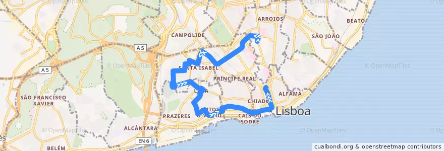 Mapa del recorrido Bus 774: Gomes Freire → Praça da Figueira de la línea  en Lisboa.