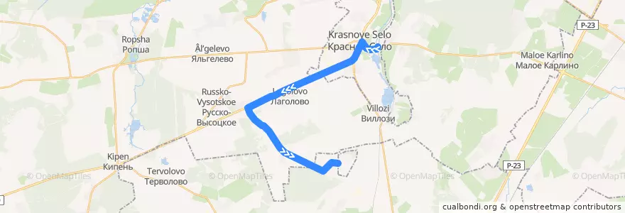 Mapa del recorrido Автобус № 446: Станция "Красное Село" => Хвойный de la línea  en Ленинградская область.