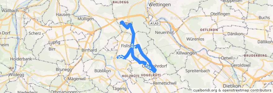 Mapa del recorrido Bus 335: Mellingen Heitersberg => Dättwil AG, Kantonsspital de la línea  en Bezirk Baden.