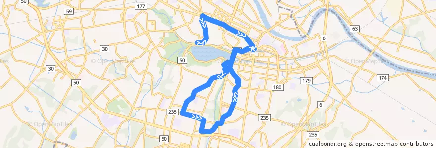 Mapa del recorrido 関東鉄道バス 偕楽園⇒本郷・払沢循環（本郷先回り） de la línea  en 水戸市.