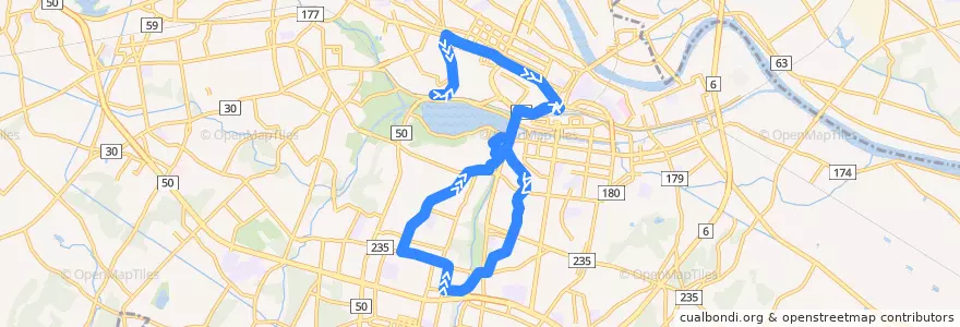 Mapa del recorrido 関東鉄道バス 偕楽園⇒本郷・払沢循環（払沢先回り） de la línea  en 水戸市.