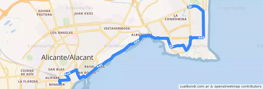 Mapa del recorrido 22: Playa San Juan, Avenida de las Naciones ⇒ Alicante, Óscar Esplá de la línea  en Alacant / Alicante.
