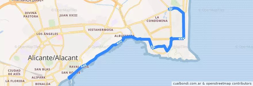 Mapa del recorrido 22N: Playa San Juan, Avenida de las Naciones ⇒ Alicante, Plaza Puerta Del Mar de la línea  en Alicante.