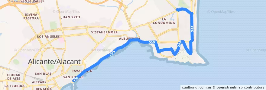 Mapa del recorrido 22N: Alicante, Plaza Puerta Del Mar ⇒ Playa San Juan, Avenida de las Naciones de la línea  en Alacant / Alicante.