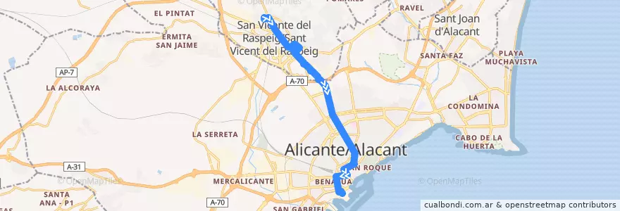 Mapa del recorrido 24: San Vicente del Raspeig ⇒ Universidad ⇒ Alicante (E. Autobuses) de la línea  en l'Alacantí.