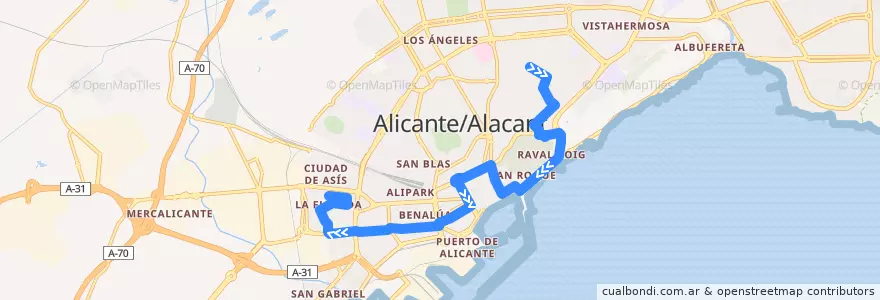 Mapa del recorrido 02: Sagrada Familia ⇒ La Florida de la línea  en Alacant / Alicante.