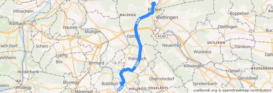 Mapa del recorrido Bus 332: Mellingen => Baden de la línea  en Bezirk Baden.