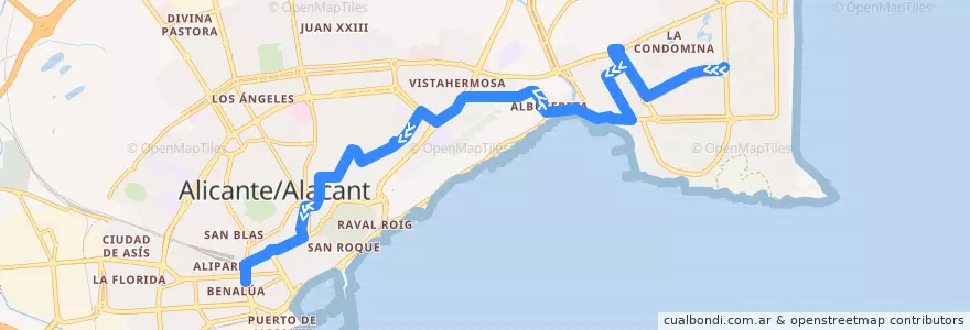 Mapa del recorrido 09: Naciones, Vicente Ramos ⇒ Óscar Esplá de la línea  en Alacant / Alicante.