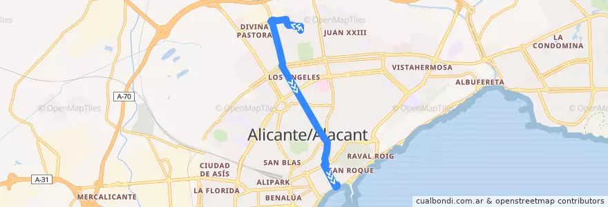 Mapa del recorrido 08: Virgen del Remedio ⇒ Explanada de la línea  en Alacant / Alicante.